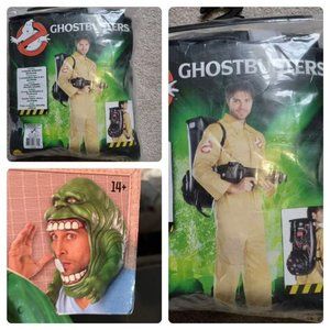2 ghostbusters costumes and slimer for Halloween